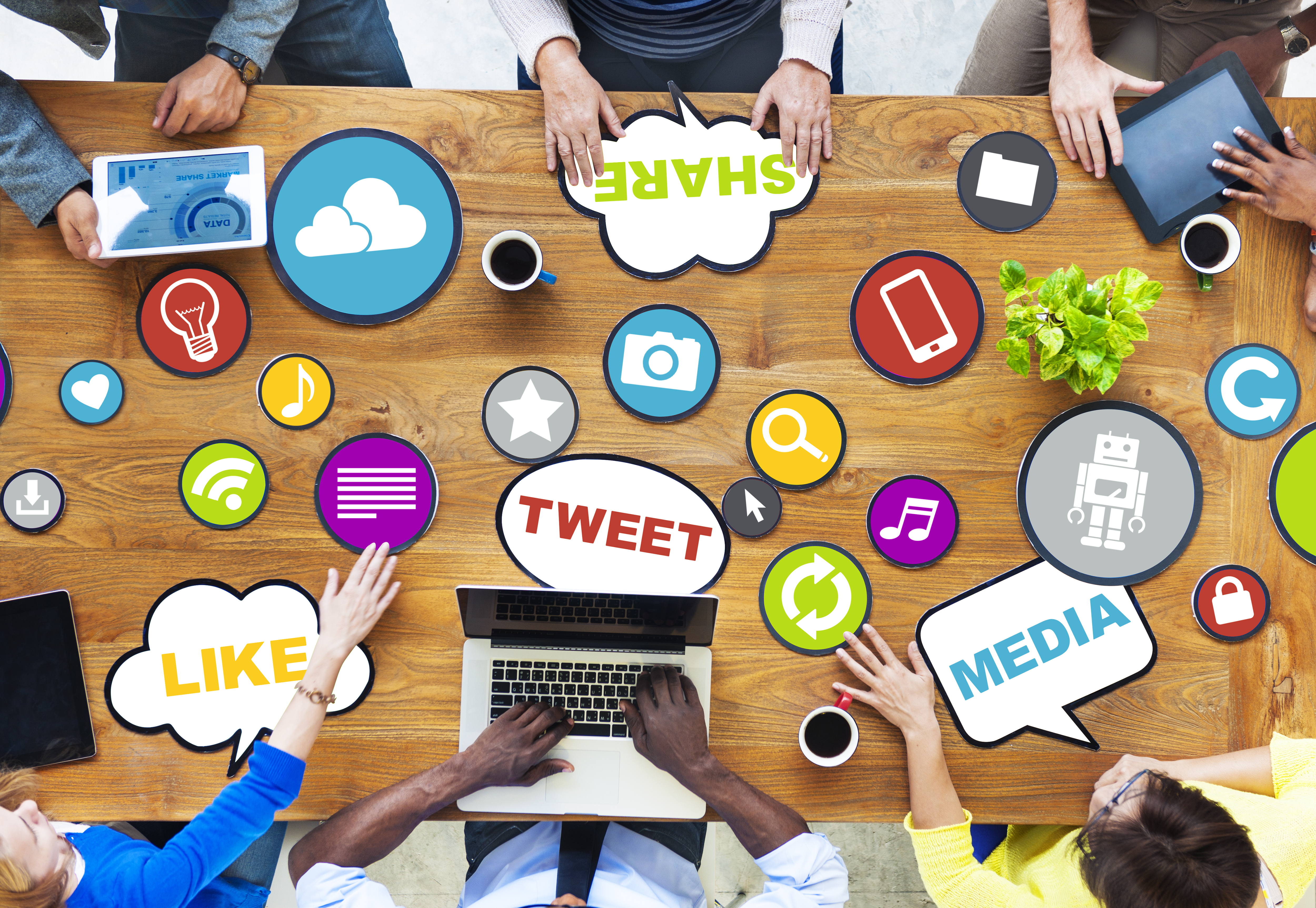 Social media terms such as like, share, tweet, and media.